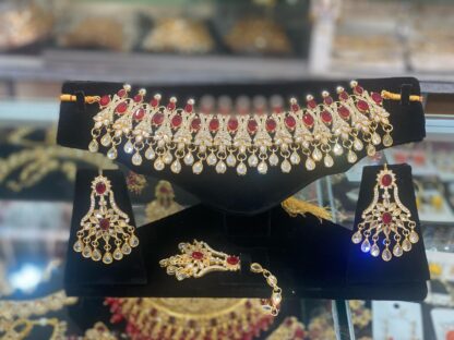 Choker Necklace and Earring Set with Red and Clear Stones