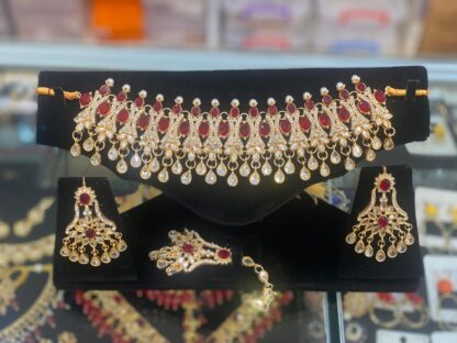 Choker Necklace and Earring Set with Red and Clear Stones