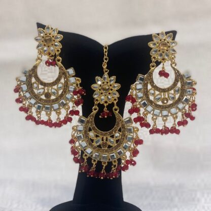 Gold Maang Tikka and Earrings Set with Red Accents