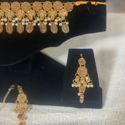 Gold Tone Chain and Faux Pearl Choker and Earring Set