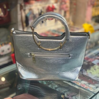 Large Silver Leather Tote Bag with Gold Studs