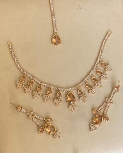 1 Carat Morganite Necklace, Earring & Tikka Set