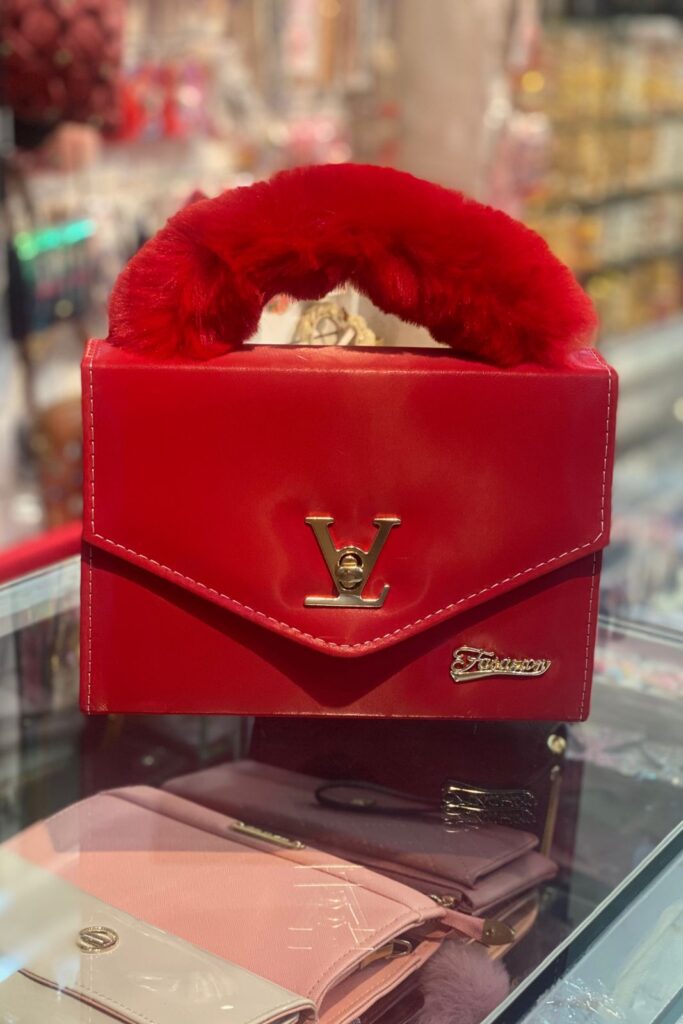 Chic Red Purse with Fuzzy Handle