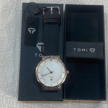 Tomi watch with white dial, black leather band, and water resistance