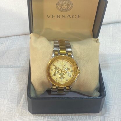 Versace chronograph watch with a sleek gold and silver design. The two-tone stainless steel band adds a touch of sophistication.