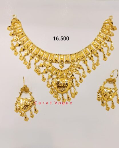 This exquisite 21k gold bridal necklace and earring set is a cherished investment that will become a treasured heirloom to be passed down through generations. It's a beautiful reminder of your special day and a symbol of everlasting love.