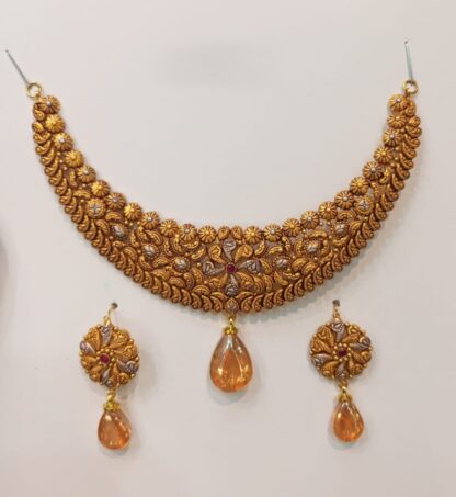 21K Gold South Indian Choker Necklace Set with Peach Stone