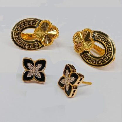 Floral & Greek Key Designs 21K Gold Stud Earrings