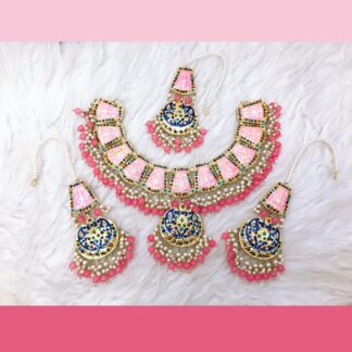 Blush Pink & Sapphire Thappa Kundan Meenakari Bridal Set