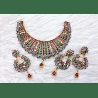 Exquisite multicolor Chand Bali necklace set with Kundan work and vibrant gemstones in emerald, ruby, and amethyst shades.