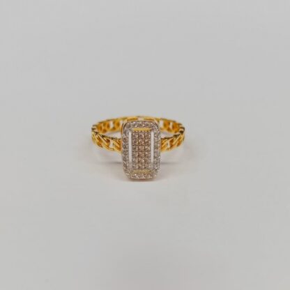 Bold rectangle-shaped gold ring with full pavé-set stone detailing on a double band