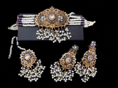 Royal purple stone Kundan bridal choker set with matching earrings and pearl maang tikka – traditional Pakistani wedding jewelry – Carat Vogue
