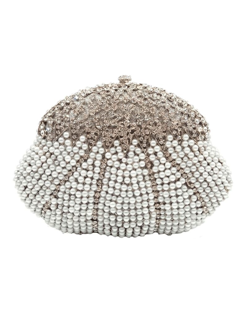 Hard-shell clutch purse embellished with white stones and crystals, designed for evening wear.