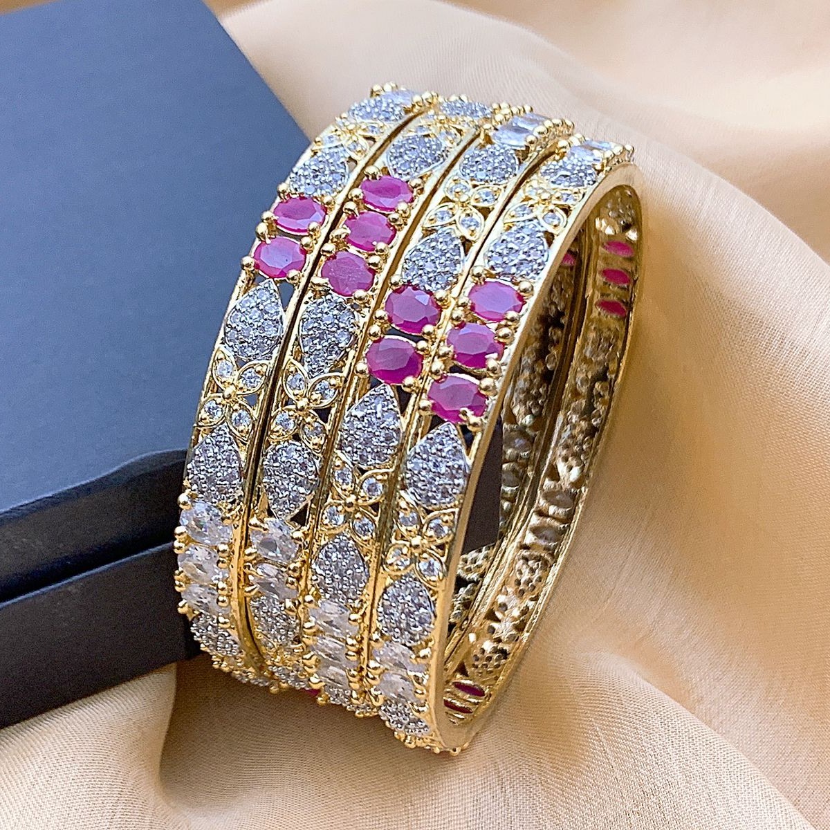 Multi-Tone American Diamond Bangle Set with Pink Gemstones Multi-Tone American Diamond Bangle Set with Pink Gemstones - Image 2