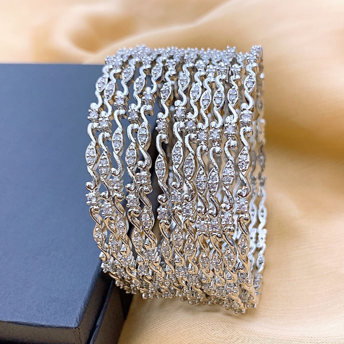 Silver Plated AD Stone Zig-Zag Bangle Set for Women Silver Plated AD Stone Zig-Zag Bangle Set for Women - Image 4