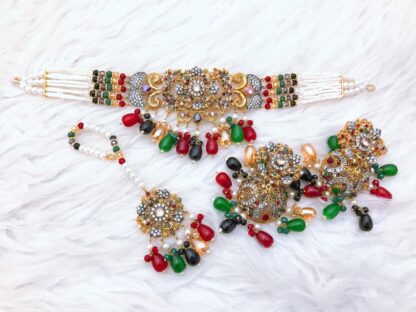 Ruby, Emerald & White Stone Gold Finish Choker Set - Image 2