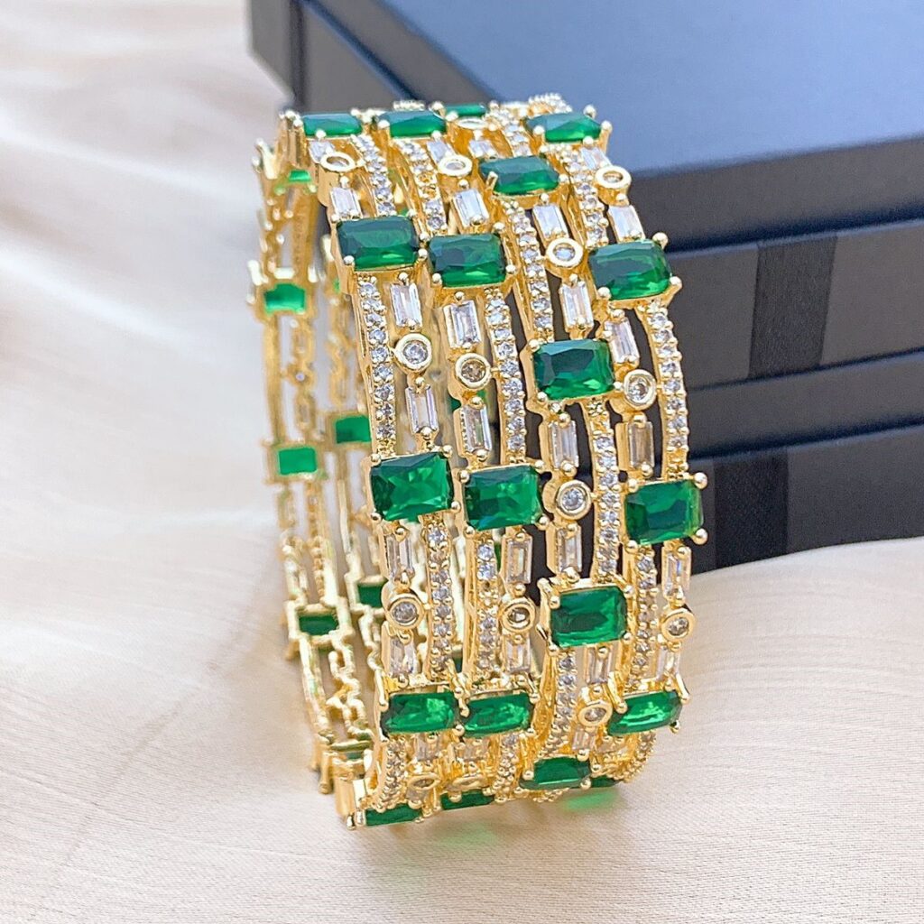 Gold-Plated American Diamond Bangles with Emerald Green & White Stones | Party & Bridal Jewelry