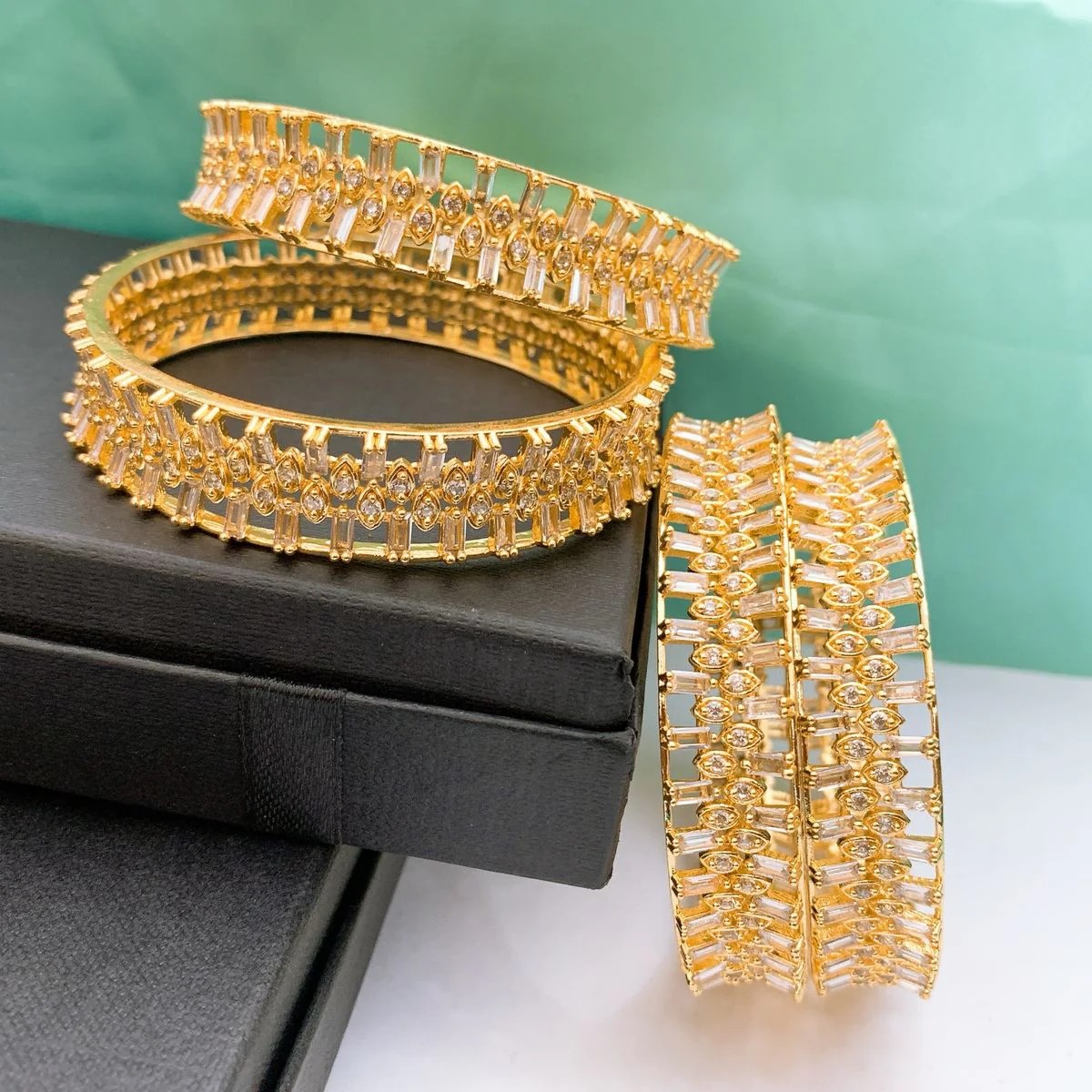 Grand Gold Plated American Diamond Lattice Bangle Set for Bridal Wear Grand Gold Plated American Diamond Lattice Bangle Set for Bridal Wear - Image 2