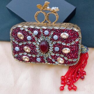 Luxury Crystal Knuckle Ring Box Clutch with Red Tassel