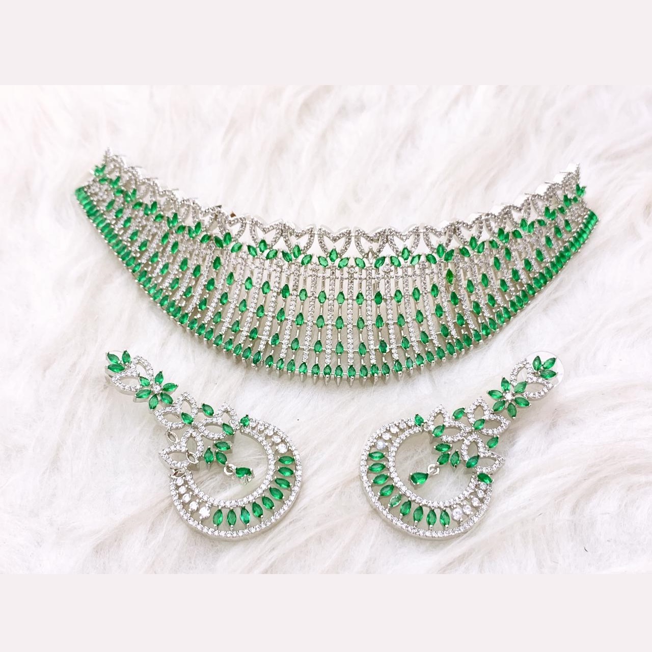 Luxury Silver-Plated Emerald & White AD Choker Necklace Set Luxury Silver-Plated Emerald & White AD Choker Necklace Set
