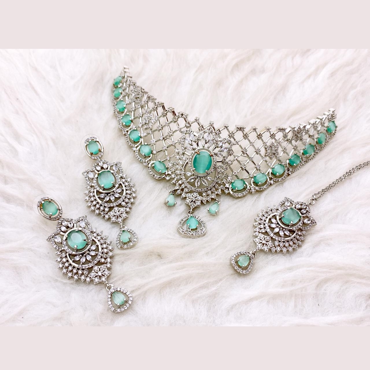 Luxury Silver-Plated Emerald & White AD Choker Necklace Set Luxury Silver-Plated Emerald & White AD Choker Necklace Set - Image 2