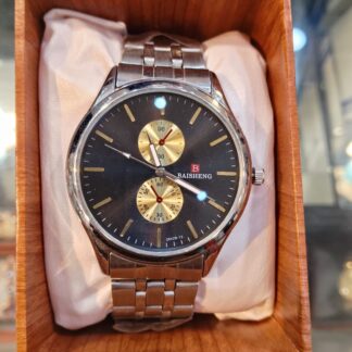 Shop the Baisheng Executive Series watch featuring a sleek black dial, dual gold-tone sub-dials, and a polished silver stainless steel band. Precision quartz movement for the modern professional. Upgrade your style today.