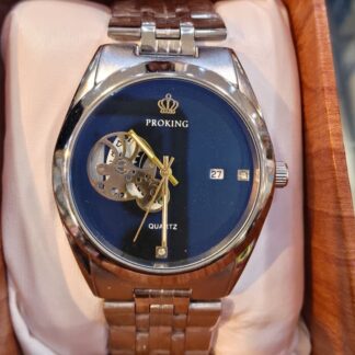Shop the PROKING Elite featuring a unique open-heart skeleton dial and midnight blue face. Crafted with a durable silver stainless steel band and precision quartz movement. A perfect gift for the modern watch enthusiast.