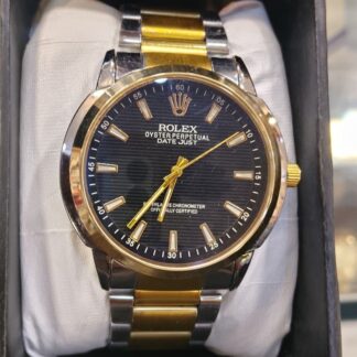 Shop the luxury Rolex-inspired Two-Tone Datejust watch. Features a black linear dial, gold fluted bezel, and a silver-gold stainless steel Oyster band. Get the ultimate prestige look at an accessible price point today.
