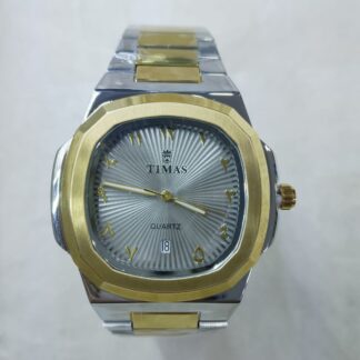 Elevate your style with the TIMAS Two-Tone Prestige watch. Featuring a unique silver and gold octagonal case, grey sunray dial, and Arabic numerals. Precision quartz movement with date. Shop this luxury-inspired two-tone watch today.