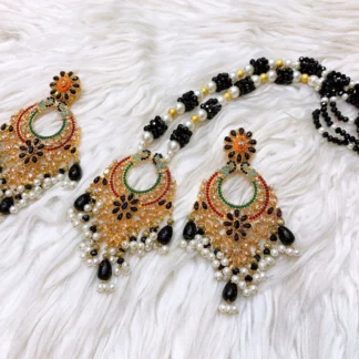 Black Onyx Floral Mala & Chandbali Earrings Ses Traditional long Black Onyx bead Mala with grand gold-toned Chandbali earrings and floral enamel pendant.