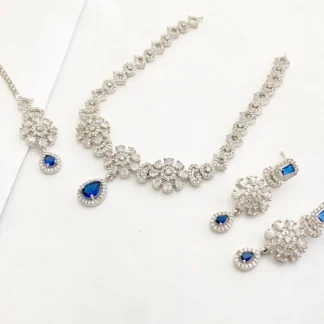 1 Carat Blue Sapphire Artificial Jewellery Set with Maang Tikka and Earrings - Silver Plated Wedding Wear Pakistan