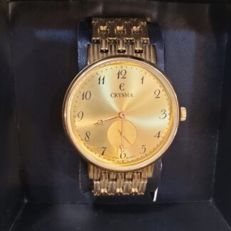 Discover the Crysma CRL9050 Kairos in a stunning golden finish. Features a 44mm brass case, sub-second dial, Hardlex glass, and 1-year warranty. The perfect luxury dress watch for men.