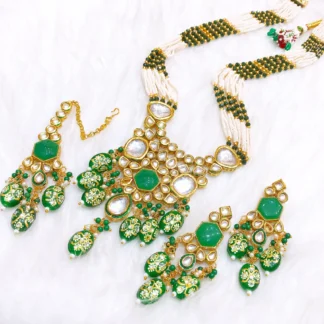 Green Kundan Jaipuri Meenakari Mala Set with Earrings & Tikka – Bridal Necklace Set