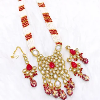 Kundan Jaipuri Meenakari Mala Set with Earrings & Tikka – Red & White Bridal Necklace Set