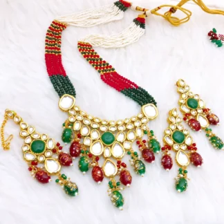 Red & Green Kundan Meenakari Bridal Mala Set with Earrings & Tikka