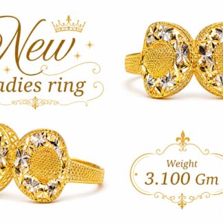 Shop the 22k Gold Aura Medallion Ring at Carat Vogue. Featuring 3.100g of pure gold with rhodium diamond-cut finishes. Perfect for weddings and luxury gifts.