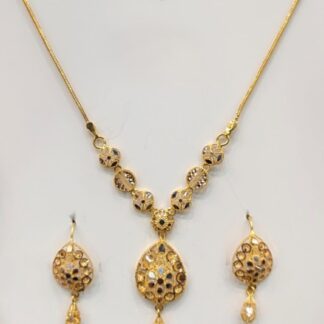 Shop our luxury 12g 22K gold teardrop pendant necklace and earrings set. Handcrafted in certified 22 karat solid gold for premium Indian bridal style.