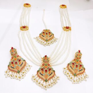 22ct Gold Plated Multi-Stone Kundan Long Mala Necklace Set with Maang Tikka and Earrings
