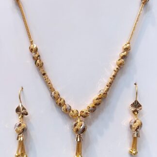 Homepage 6 Luxury 22k solid gold traditional Matar Mala jewellery set showing a diamond-cut frosted beaded ball necklace with central chain tassels and matching drop earrings.