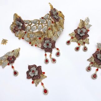 Premium Floral Indian Bridal Jewellery Set in Antique Gold and Maroon for UK Weddings