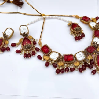 Premium Indian Bridal Ruby Red and Pearl Kundan Choker Necklace Set with Earrings and Tikka UK