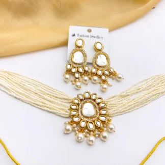Premium White Kundan Choker Necklace Set with Drop Earrings Shop luxury South Asian fashion online in the UK. This premium artificial Kundan necklace set features adjustable sizing, high-shine mirror stones, and elegant multi-strand pearls, delivering boutique luxury directly to your doorstep.