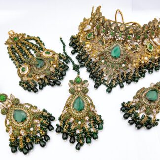 Premium Emerald Green and Antique Gold 5-Piece Pakistani Bridal Jewellery Set for Weddings UK