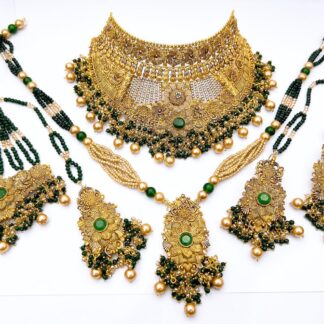 Premium Pakistani 5-Piece Emerald Green and Gold Bridal Choker and Rani Haar Set for Weddings UK