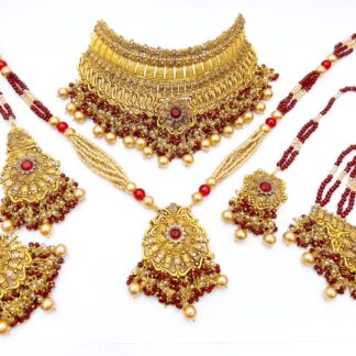 Premium Pakistani 5-Piece Maroon and Gold Bridal Choker and Rani Haar Set for Weddings UK