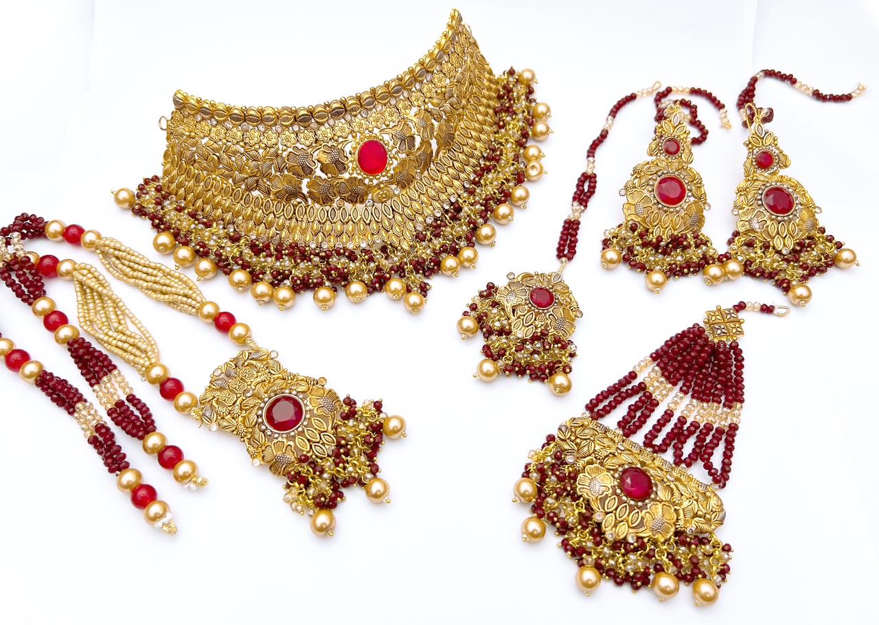 Royal Maroon & Gold 5-Piece Bridal Jewellery Set UK | Heritage Kundan Choker, Long Mala Necklace, Jhumar & Earrings | Luxury Pakistani Wedding Jewellery Premium Pakistani 5-Piece Maroon and Gold Bridal Choker and Rani Haar Set for Weddings UK
