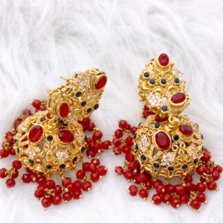Small Kundan and London Lotus Step Jhumka Earrings with 22k Gold Plating and Red Beads
