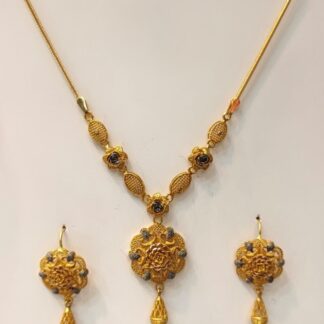 22K yellow gold floral necklace and matching earring set featuring ornate textured goldwork and a statement pendant design. A traditional-inspired women's gold jewelry set for weddings, bridal celebrations, parties and special occasions.