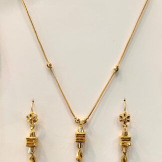 Delicate Chicago Floral Drop 22K Gold Jewelry Set Shop a delicate Chicago Floral Drop 22K Gold Jewelry Set with a slim yellow-gold necklace and matching floral drop earrings for weddings and special occasions.